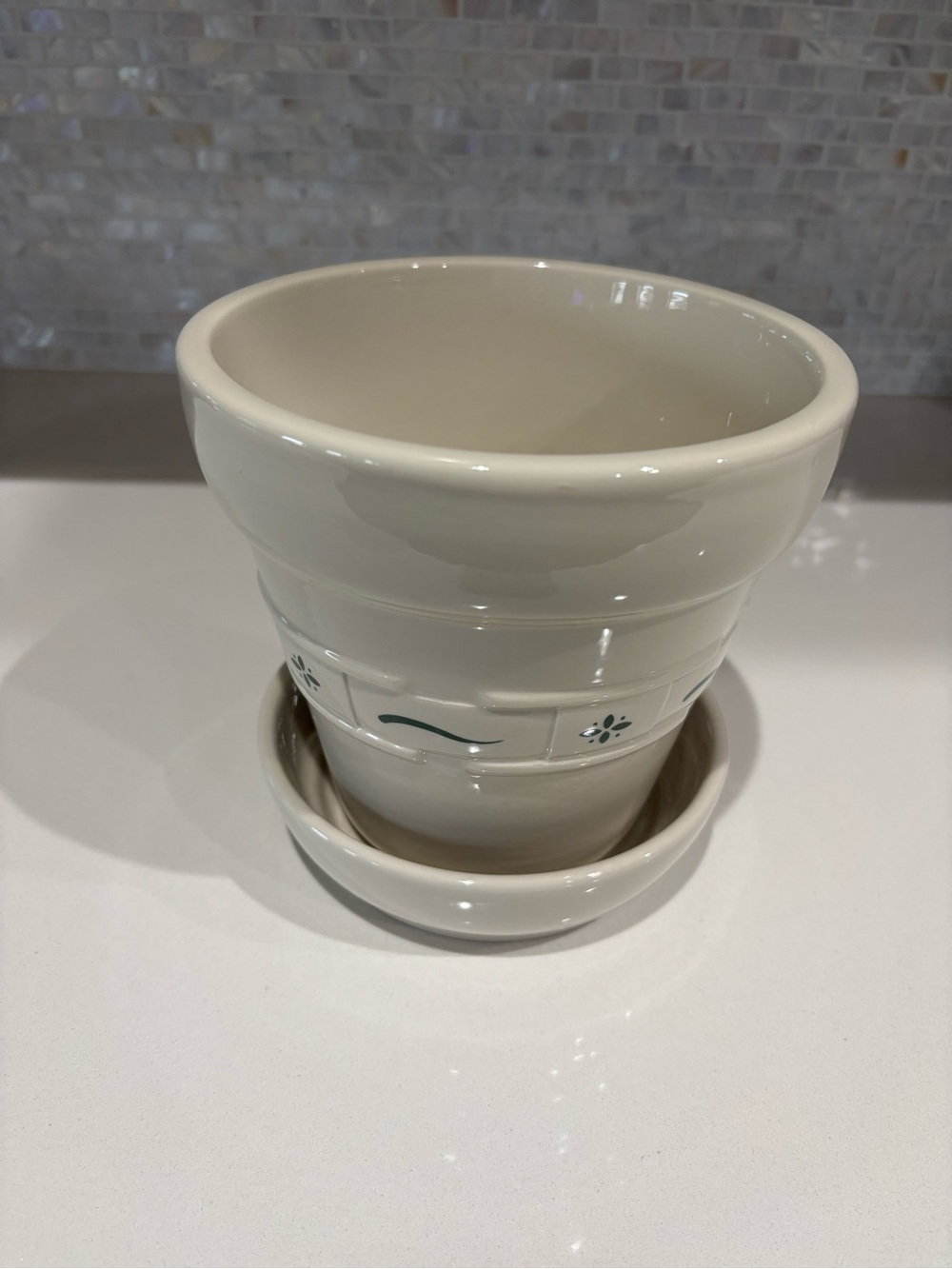 Longaberger Cream Ceramic Planter with Green Accent